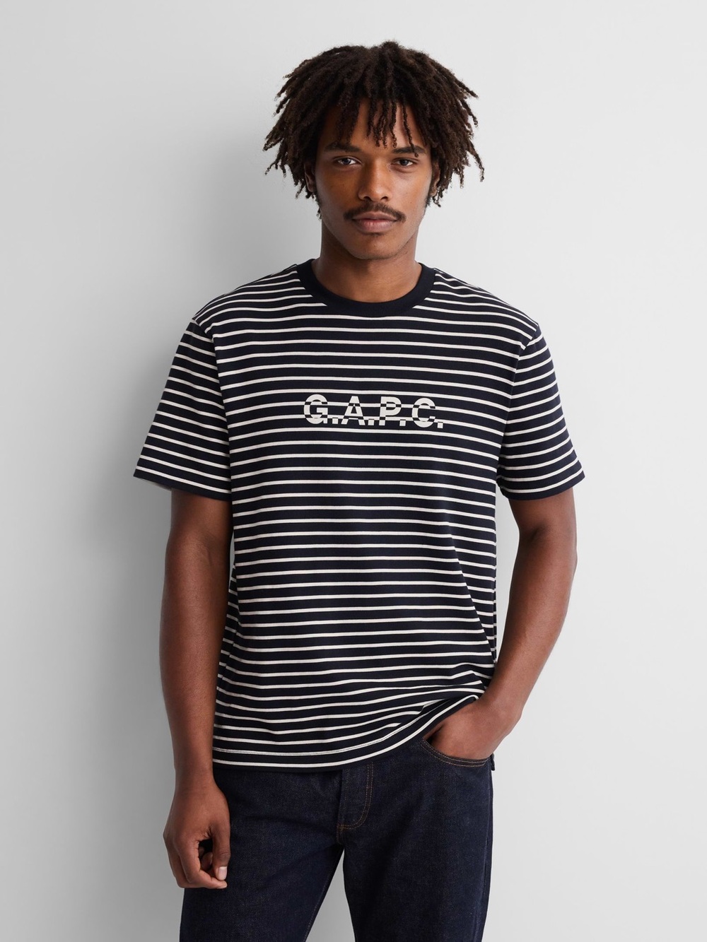 GAP x A.P.C. Logo Stripe T-Shirt - Blue and White Stripe - Size S